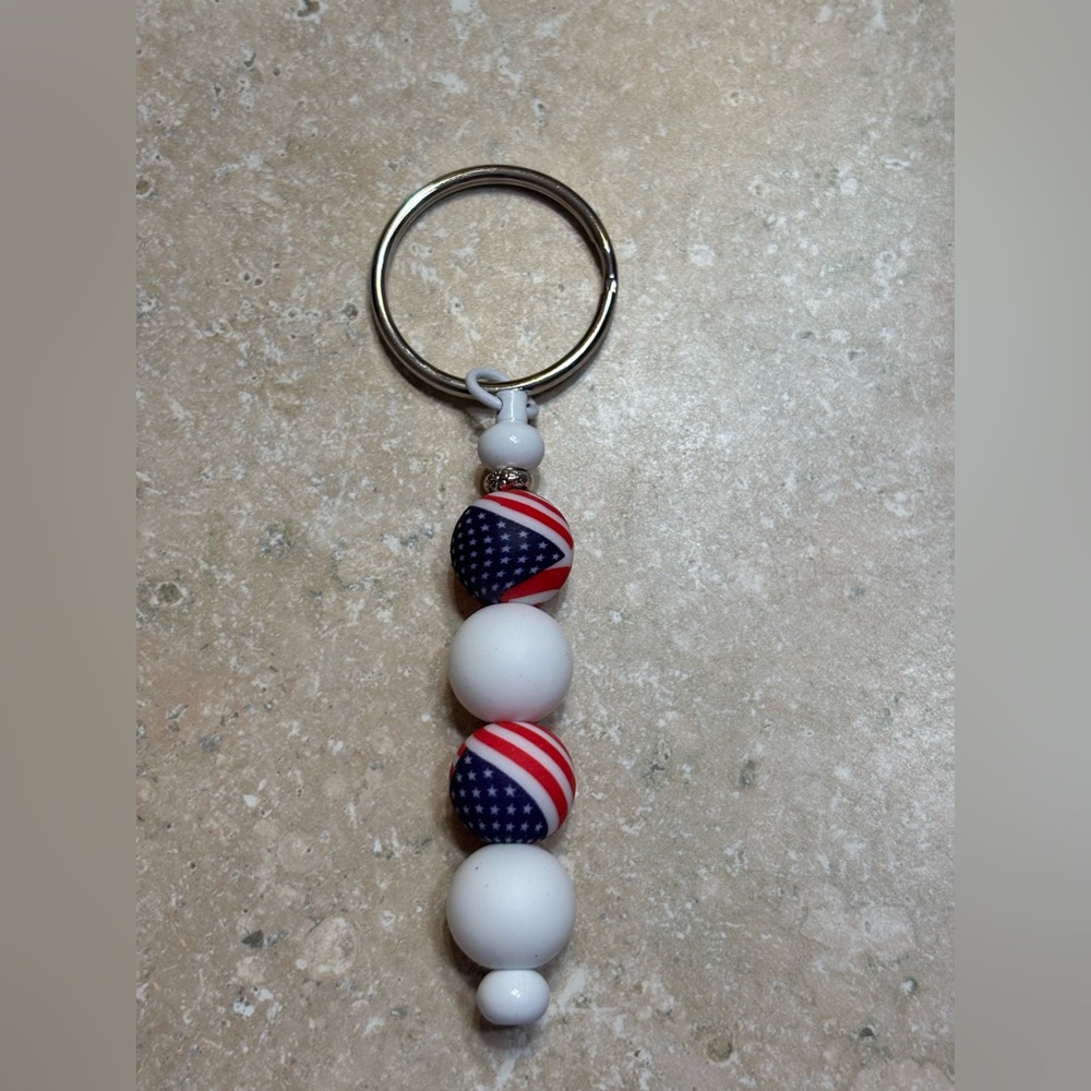 Patriotic Beaded Keychain - White & Red/Blue